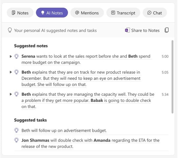 Microsoft Teams Premium Meeting Outcomes AI notes