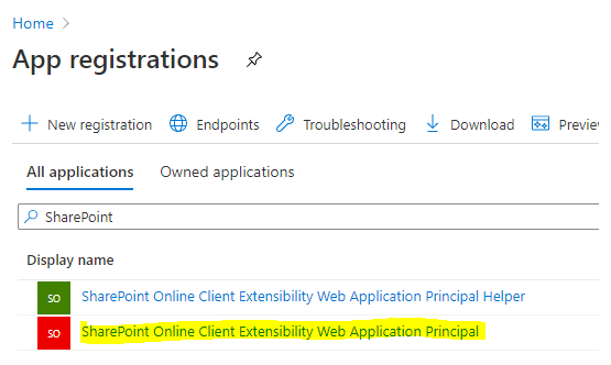App registrations screenshot