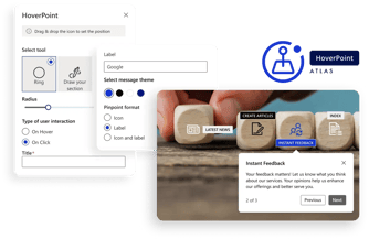 diagram illustrating Atlas Hoverpoint feature with 3 pop up screens on a blue background with dots and images like a bird and keys