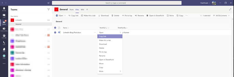 MS Teams options for sharing links.